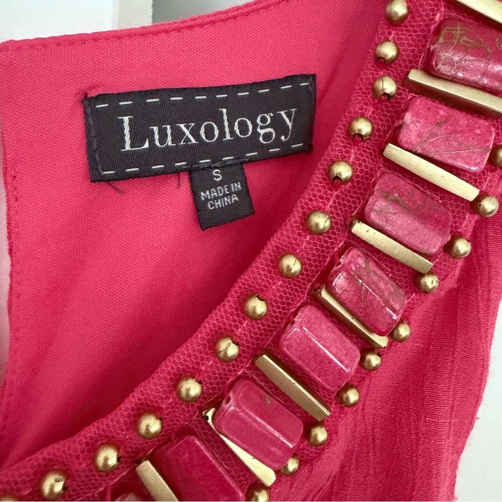 Luxology Beaded Maxi Dress Coral Pink Sleeveless Belted Empire Waist Size S - Picture 5 of 13